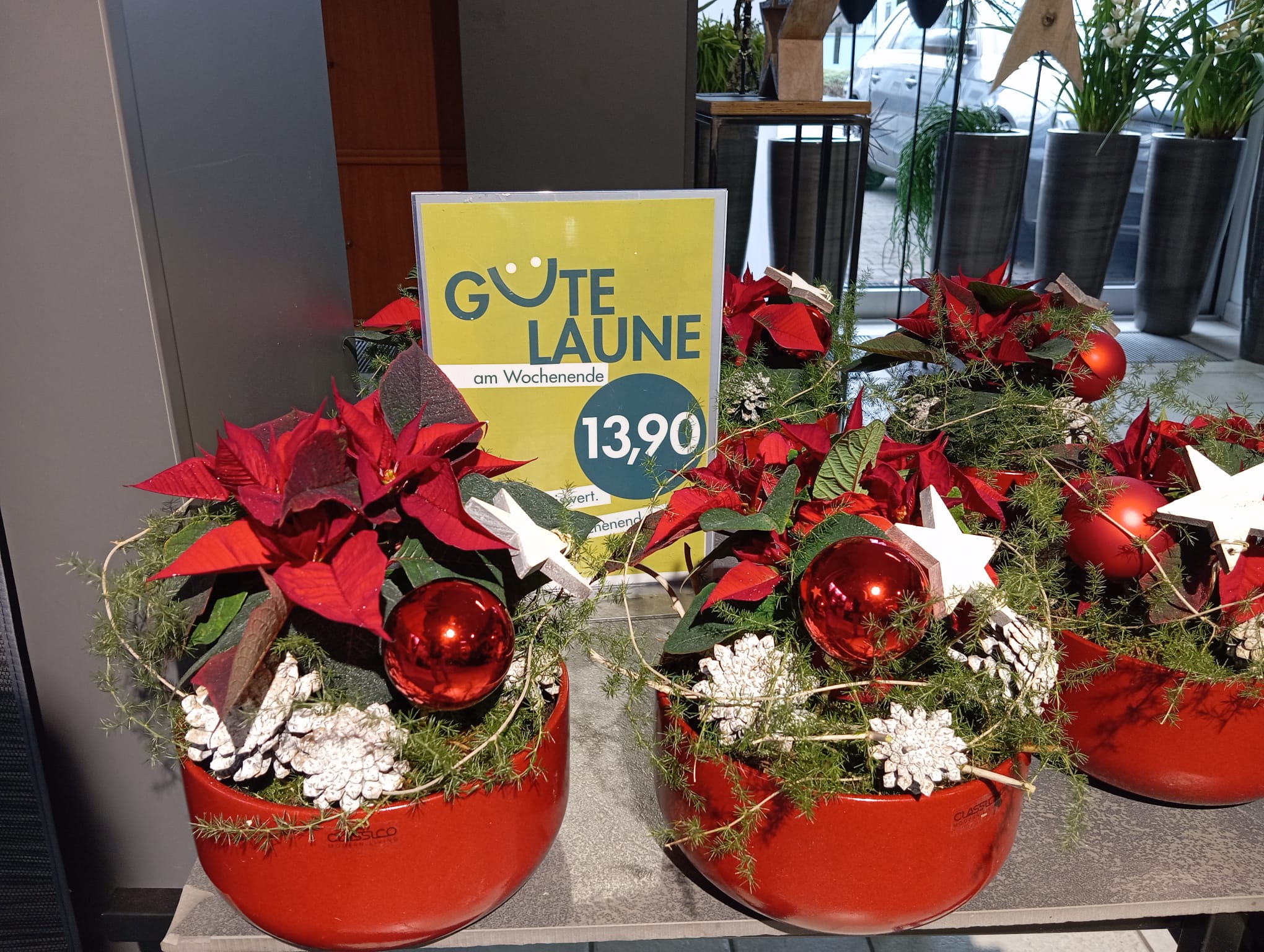 Gute Laune am Wochenende ⭐🎄

Ein roter Weihnachtsstern im passenden roten Gefäß, ergänzt durch eine rote Kugel, Moos, Grün, weiße Zapfen und einen weißen Stern.
Ein kompaktes Arrangement, das festliche Stimmung bringt und perfekt in die Adventszeit passt.

Für 13,90 €, nur solange der Vorrat reicht.
Vorbeischauen & mitnehmen 💚

#kochchristmann #GuteLauneAmWochenende #Wochenendangebot #Weihnachtsstern #Adventszeit #Weihnachtsdeko #Floristik #Kaiserslautern #Blumenfreude #Regionalekäufe